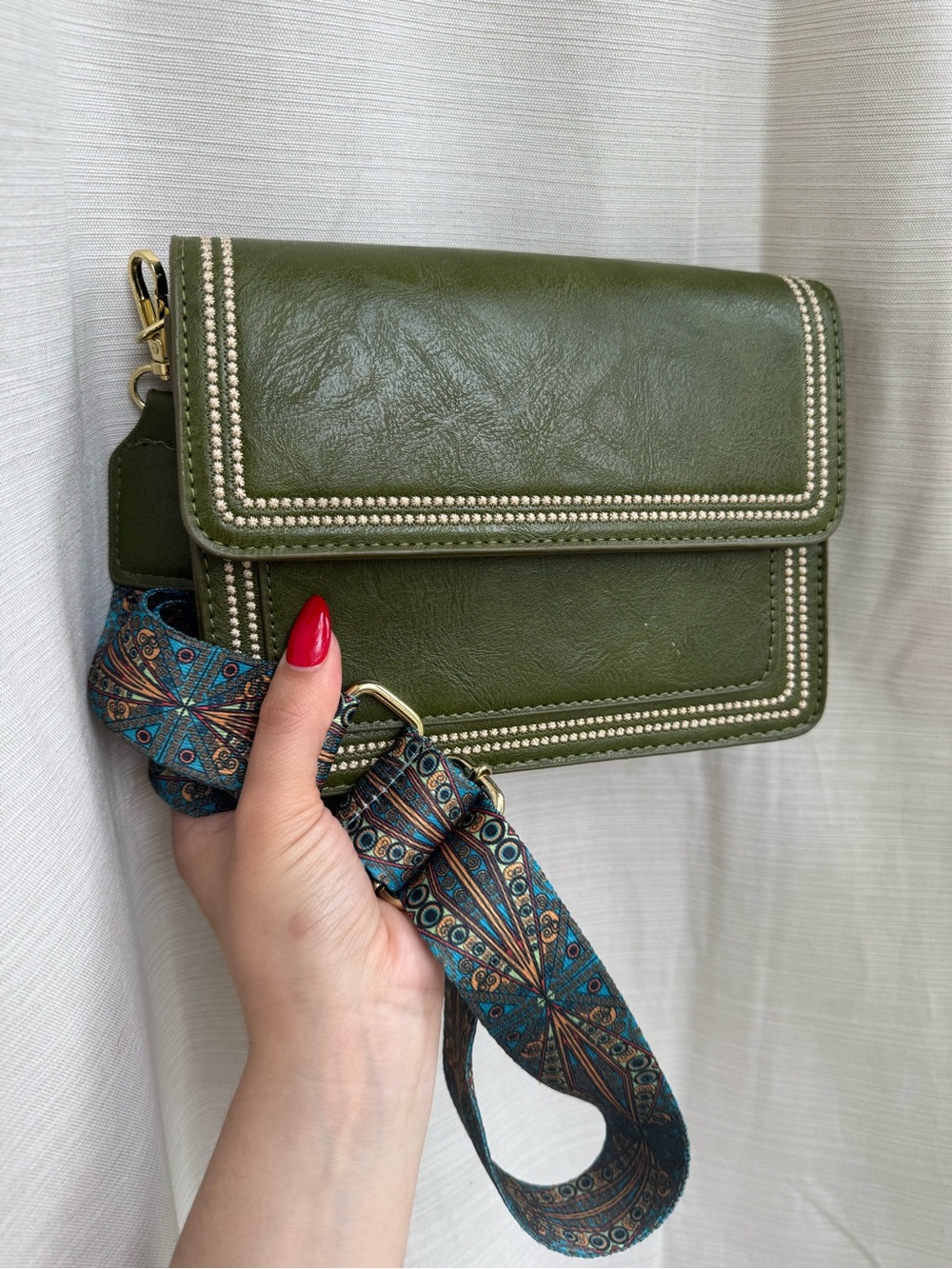 Olive Green Crossbody Bag with Decorative Strap